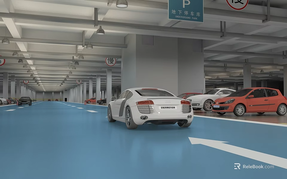 Indoor Parking Garage Featuring Blue Floor Directional Arrows And Parked Vehicles 3d model 