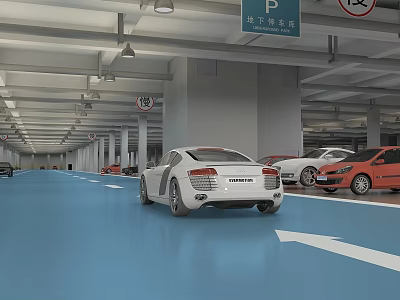 Indoor Parking Garage Featuring Blue Floor Directional Arrows And Parked Vehicles 3d model