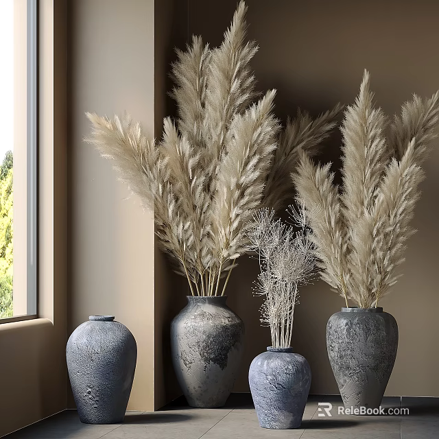Bonsai Potted Plant with Gray Ceramic Vases and Dried Flowers by Window in Natural Light 3d model 