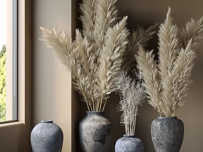 Bonsai Potted Plant with Gray Ceramic Vases and Dried Flowers by Window in Natural Light 3d model