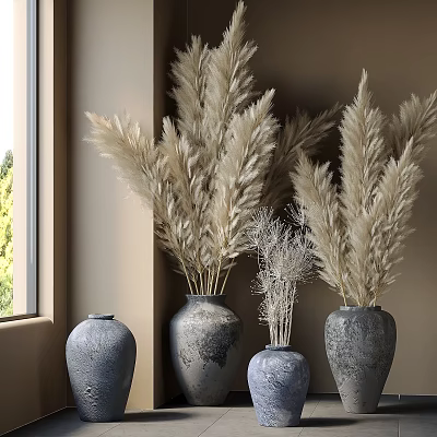 Bonsai Potted Plant with Gray Ceramic Vases and Dried Flowers by Window in Natural Light 3d model