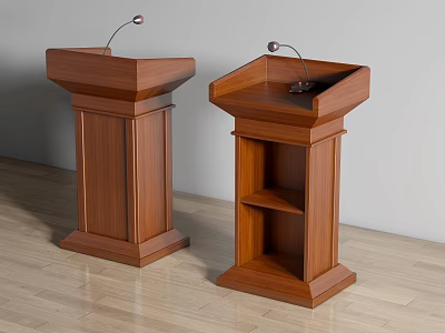 Two Wooden Reception Desks With Microphones And Shelf Design Features 3d model