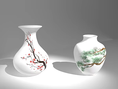 Elegant White Ceramic Vases Featuring Plum Blossom and Pine Tree Designs 3d model