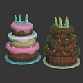 Multi Layered Birthday Cakes With Different Colored Frosting And Candles On Top
