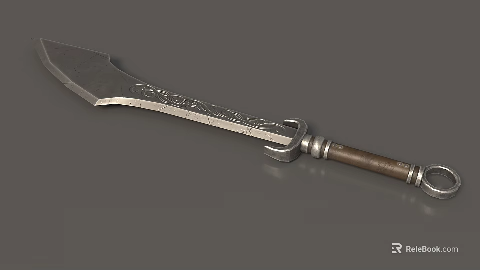 Ornate Medieval Weapon With Silver Carved Blade Brown Handle And Metal Accents 3d model 
