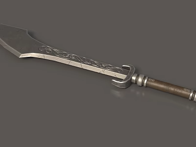 Ornate Medieval Weapon With Silver Carved Blade Brown Handle And Metal Accents 3d model