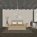 Minimalist Beige Bedroom With Wooden Bed Wooden Beam Ceiling Ceiling Fan And Framed Artworks