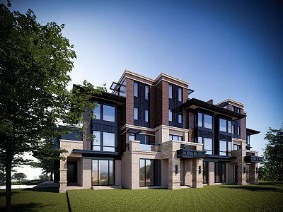 Modern Townhouse Exterior Design With Multiple Units Large Windows Green Lawn And Trees 3d model