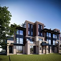 Modern Townhouse Exterior Design With Multiple Units Large Windows Green Lawn And Trees