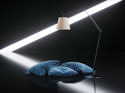 Modern Stylish Floor Lamp with Blue Cushions in Black Setting and White Light Strip 3d model
