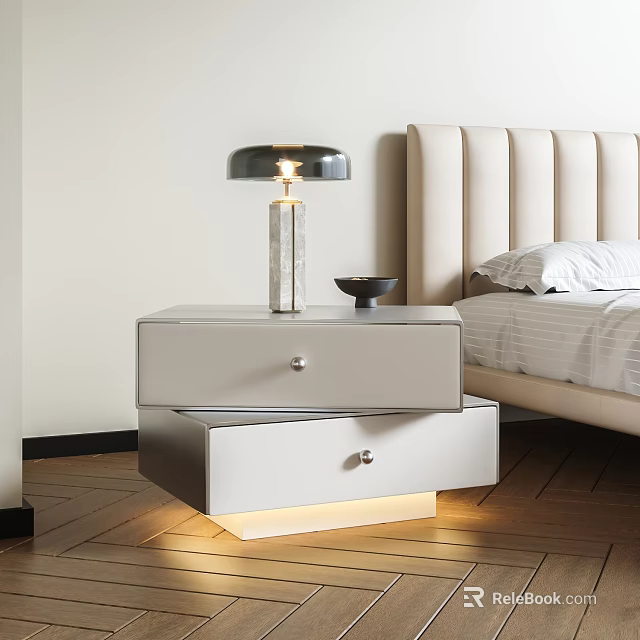 Modern Nightstand With Double Drawers LED Light Table Lamp And Small Bowl 3d model 