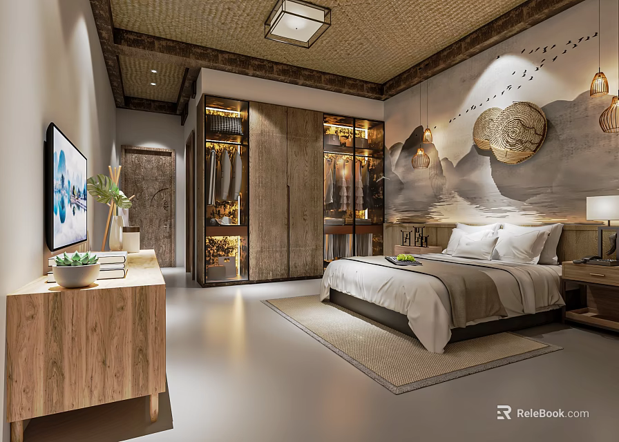 Natural Style Hotel Guest Room With Wooden Wardrobe Decorative Painting And Cozy Bed 3d model 