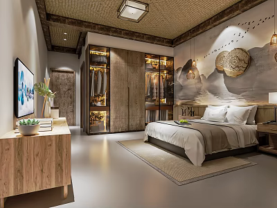 Natural Style Hotel Guest Room With Wooden Wardrobe Decorative Painting And Cozy Bed 3d model