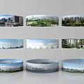 Circular Panoramic Views Collection Showcasing City Green Spaces and Architectural Scenes 3d model