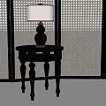 Elegant Black Side Table With Decorative Legs And Table Lamp On Grid Patterned Wall 3d model