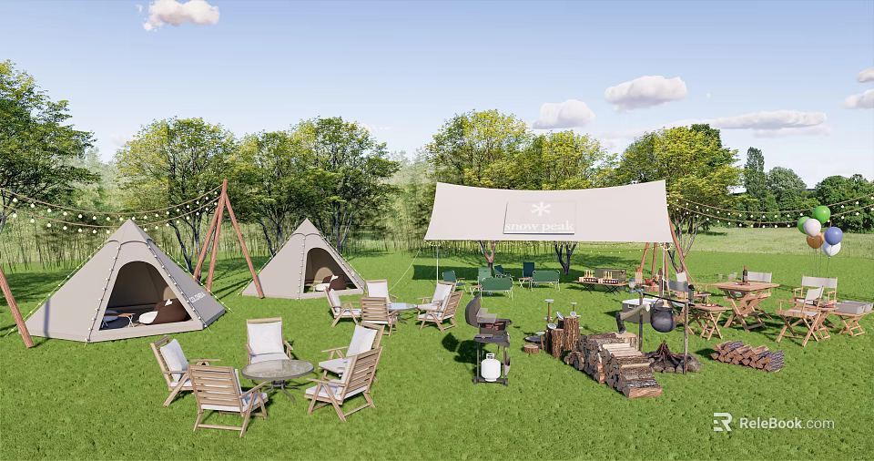 Camping Site With Tents Canopy Wooden Furniture Grill And Natural Surroundings 3d model 