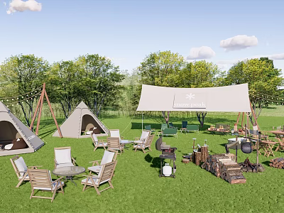 Camping Site With Tents Canopy Wooden Furniture Grill And Natural Surroundings 3d model