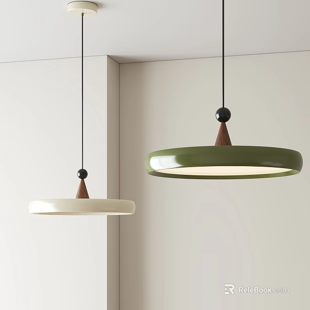 Hanging Modern Green And White Pendant Lights With Wooden Round Shade Design 3d model 
