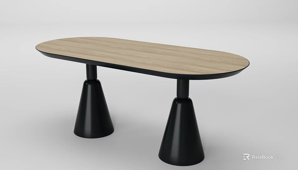 Modern Oval Dining Table with Wooden Top and Black Conical Legs 3d model 