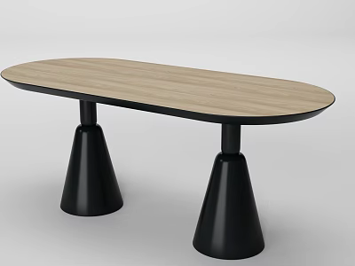 Modern Oval Dining Table with Wooden Top and Black Conical Legs 3d model