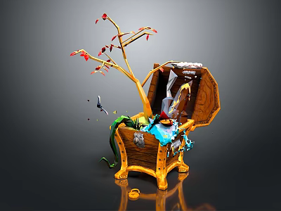 Open Wooden Treasure Chest Featuring Tree Branch Red Berries Little Bird Colorful Items and Coins 3d model