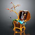 Open Wooden Treasure Chest Featuring Tree Branch Red Berries Little Bird Colorful Items and Coins