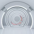 Modern Exhibition Hall with Circular Arches White Interior Embedded Lighting and Tunnel Like Structure