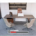 Modern Wooden Office Desk With Laptop Beige Leather Chairs And Decorative Sculpture