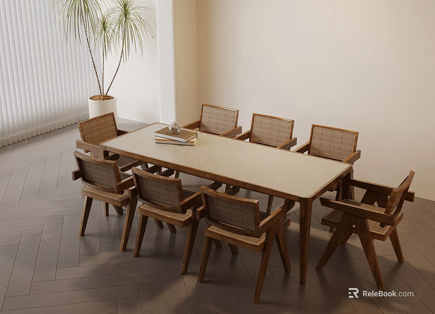 Modern Dining Room Interior With Wooden Table Chairs And Green Plant Near Blinds 3d model 
