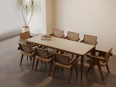Modern Dining Room Interior With Wooden Table Chairs And Green Plant Near Blinds 3d model