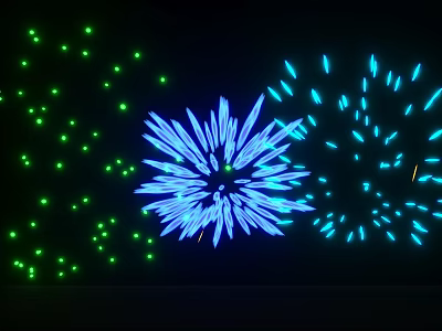 Vibrant Green and Blue Fireworks Bursting in Dark Night Sky 3d model