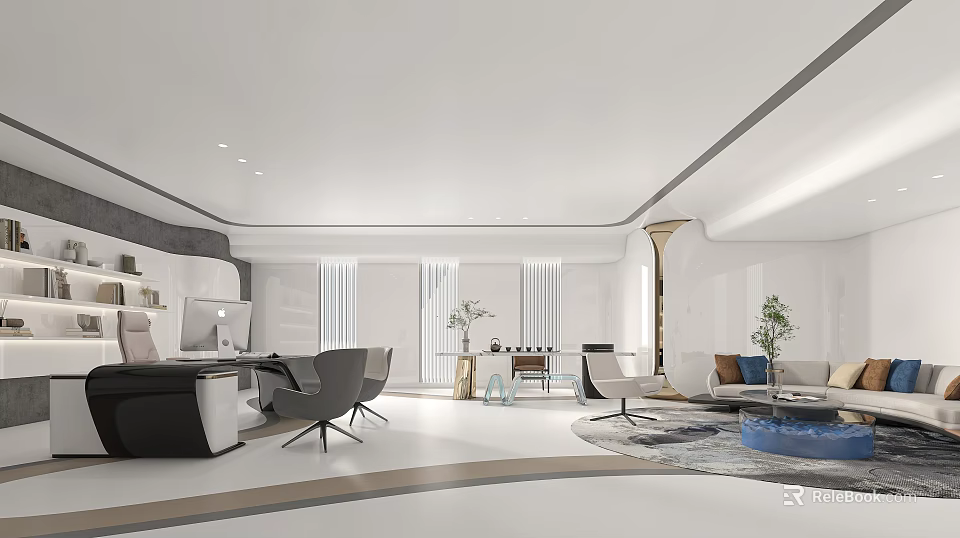 Modern Open Minimalist Office Interior With Desk Computer Sofa Green Plants And Windows 3d model