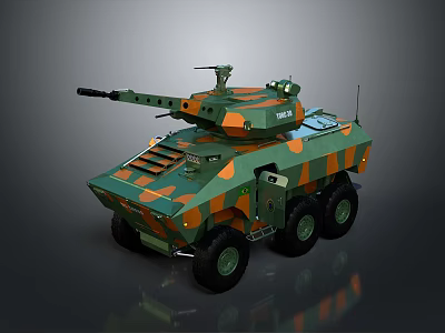 Modern Six Wheeled Tank With Green Orange Camouflage Turret And Gun Barrel 3d model