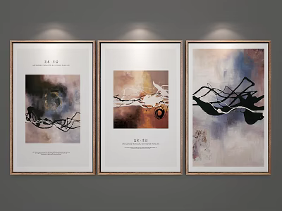 Three Abstract Paintings Hanging On Wall With Varied Colors And Abstract Lines 3d model