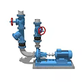 Blue Industrial Equipment With Red Handled Valves Pipes And Motor On Base
