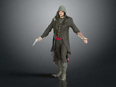 Hooded Man In Dark Coat With Red Belt Holding Dagger And Pistol Standing Still 3d model