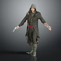 Hooded Man In Dark Coat With Red Belt Holding Dagger And Pistol Standing Still