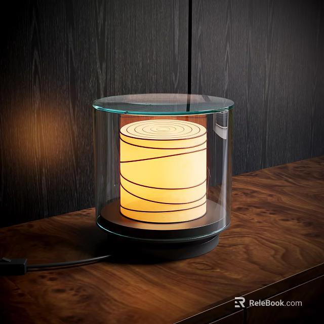 Modern Table Lamp With Transparent Glass Shade Yellow Lampshade Black Spiral Lines On Wooden Table 3d model 