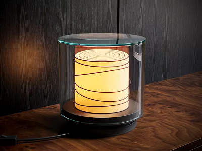 Modern Table Lamp With Transparent Glass Shade Yellow Lampshade Black Spiral Lines On Wooden Table 3d model