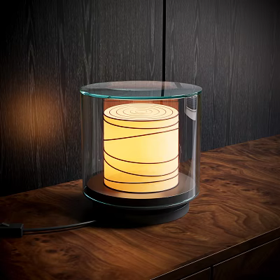 Modern Table Lamp With Transparent Glass Shade Yellow Lampshade Black Spiral Lines On Wooden Table 3d model