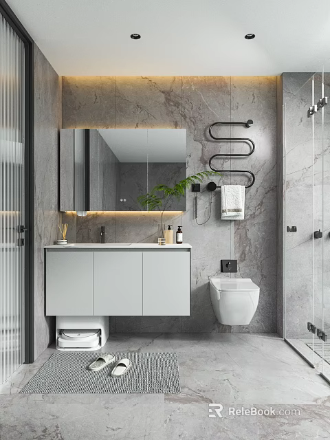 Modern Bathroom Interior Featuring Marble Walls Vanity Backlit Mirror Potted Plant And Wall Hung Toilet 3d model 