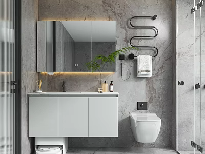 Modern Bathroom Interior Featuring Marble Walls Vanity Backlit Mirror Potted Plant And Wall Hung Toilet 3d model