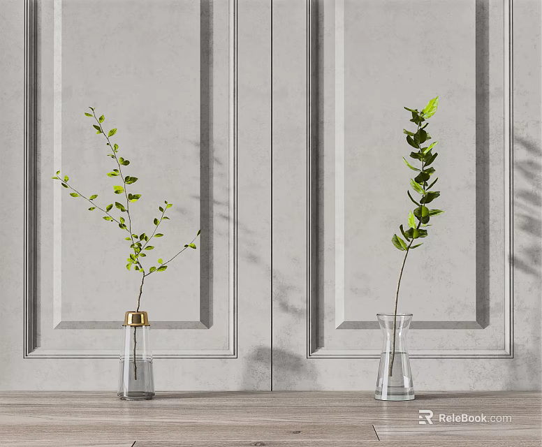 Transparent Glass Vases With Green Branches On Wooden Tabletop Against Gray Wall With Paneling 3d model 