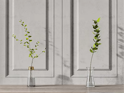 Transparent Glass Vases With Green Branches On Wooden Tabletop Against Gray Wall With Paneling 3d model