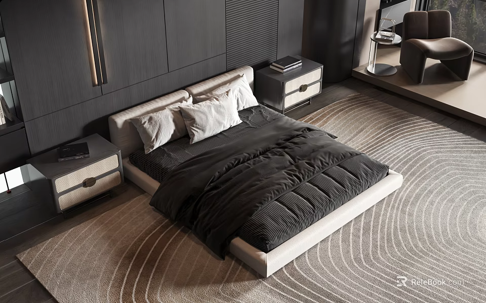 Modern Double Bed With Light Colored Headboard Black Comforter And Nightstands On Patterned Rug 3d model 