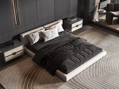 Modern Double Bed With Light Colored Headboard Black Comforter And Nightstands On Patterned Rug 3d model