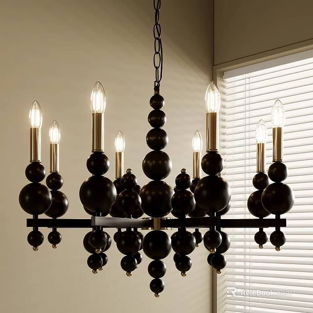 Stylish Black Spherical Bead Chandelier with Multiple Arms Top Mounted Bulbs and Window Blinds Background 3d model 