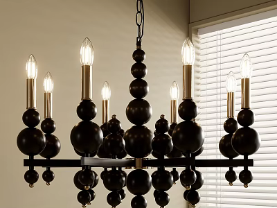 Stylish Black Spherical Bead Chandelier with Multiple Arms Top Mounted Bulbs and Window Blinds Background 3d model