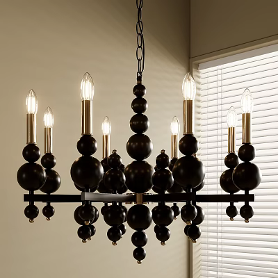 Stylish Black Spherical Bead Chandelier with Multiple Arms Top Mounted Bulbs and Window Blinds Background 3d model