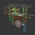 Traditional Street Vendor Cart With Green Red Body Awning Display Shelves And Blue Trash Bin